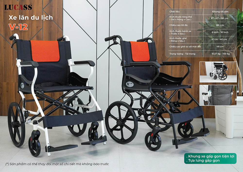 Xe lăn du lich sắt sơn Lucass V12 khung đen