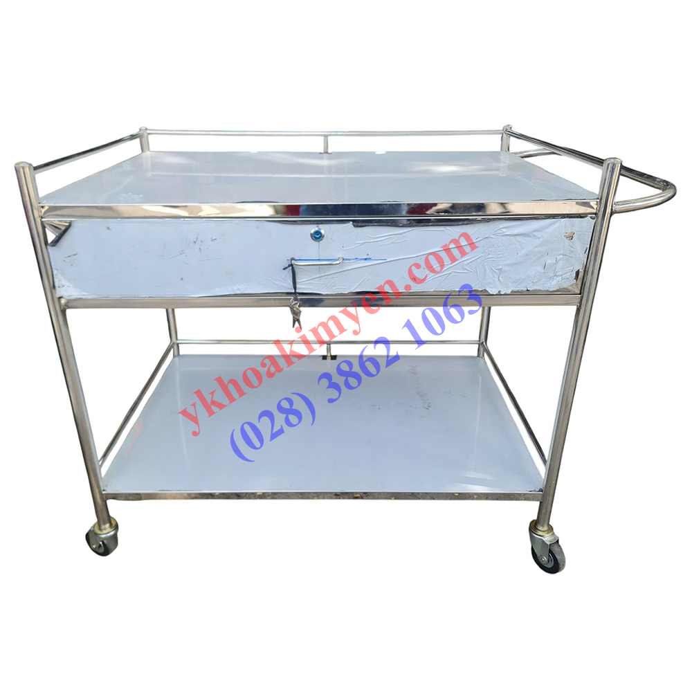 Xe đẩy dụng cụ y tế 50x80cm 2 tầng có hộc kéo có tay đẩy