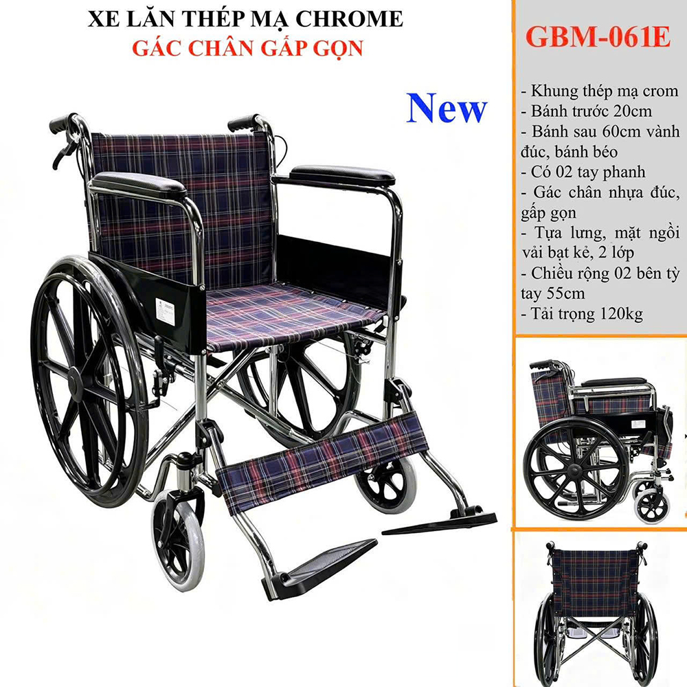 Xe lăn khung thép mạ Chrome GBM-061E bánh mâm