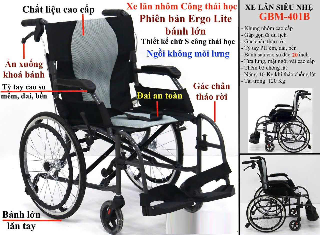 Xe lăn nhôm du lịch cao cấp GBM-401B (bánh lớn)