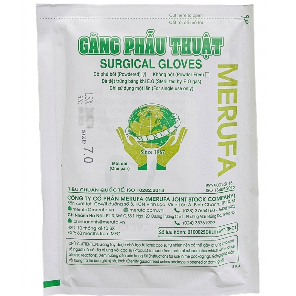 Găng phẫu thuật tiệt trùng Merufa size 7.5 (Hộp 50 đôi)