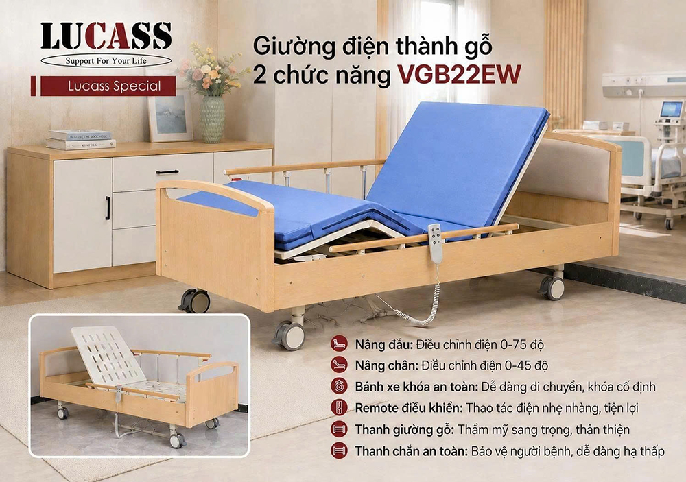 Giường bệnh thành gỗ 2 tay quay Lucass VGB21W