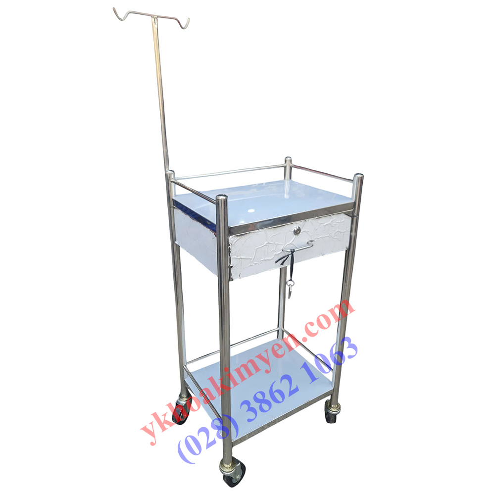 Xe đẩy dụng cụ 30x40cm 2 tầng, có 1 hộc kéo, có cây truyền dịch