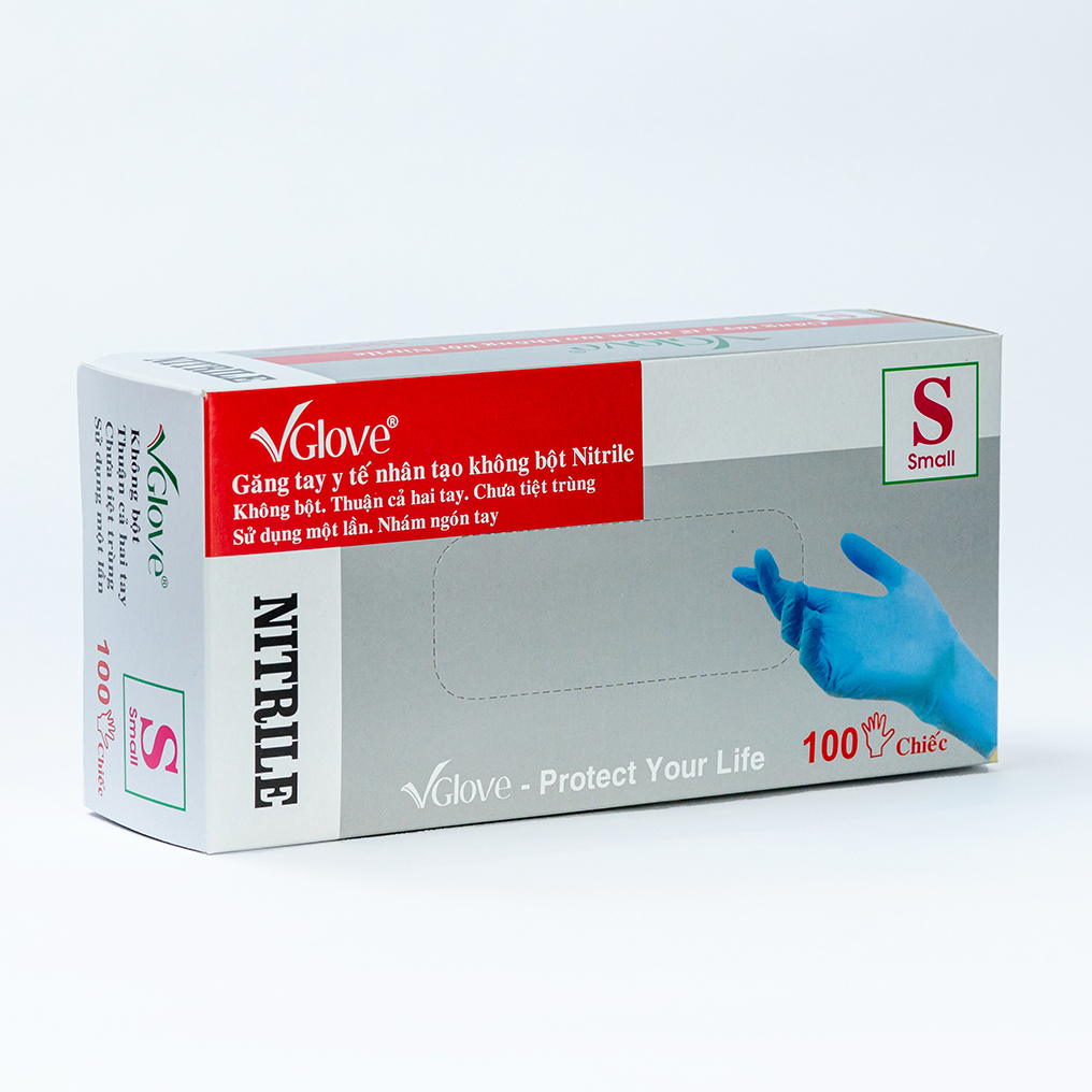 Găng tay y tế Nitrile Xanh không bột Vglove 4.0g size S Găng tay y tế Nitrile Xanh không bột Vglove 4.0g size S