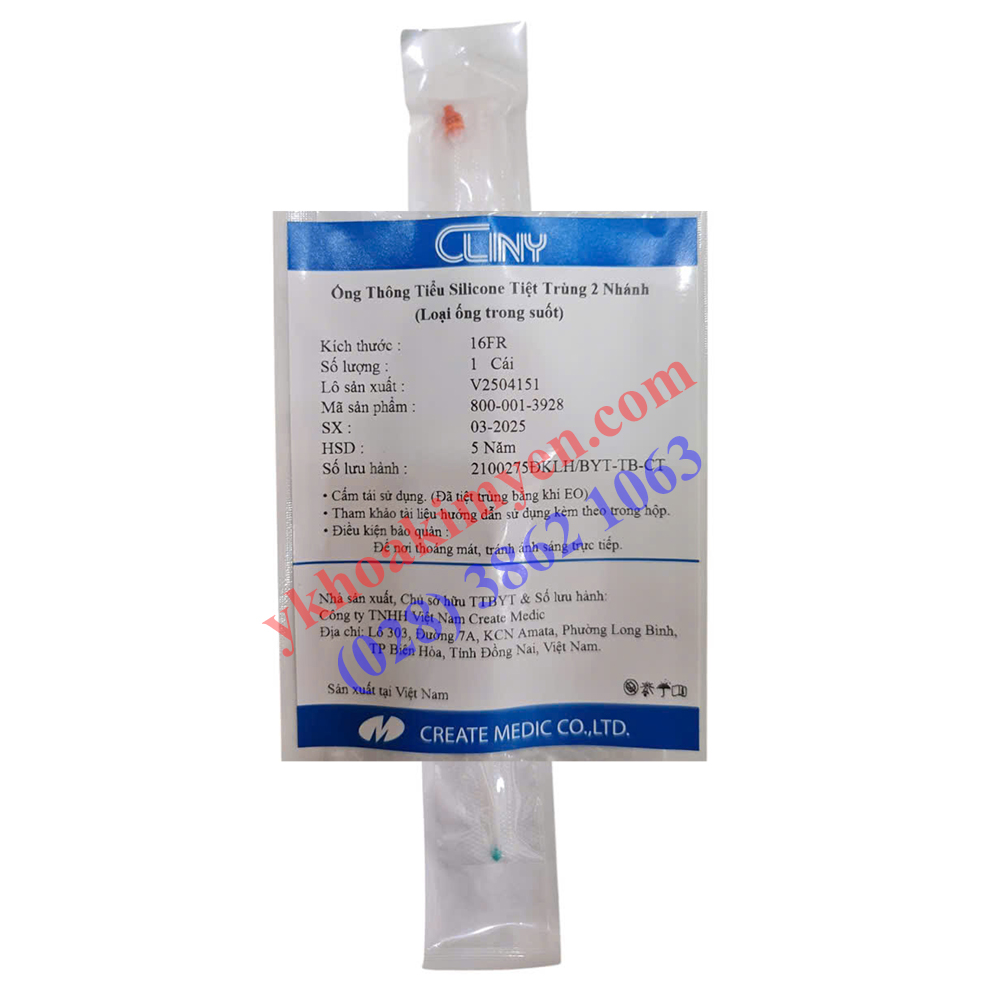 Ống thông tiểu Silicone tiệt trùng 2 nhánh Cliny số 16
