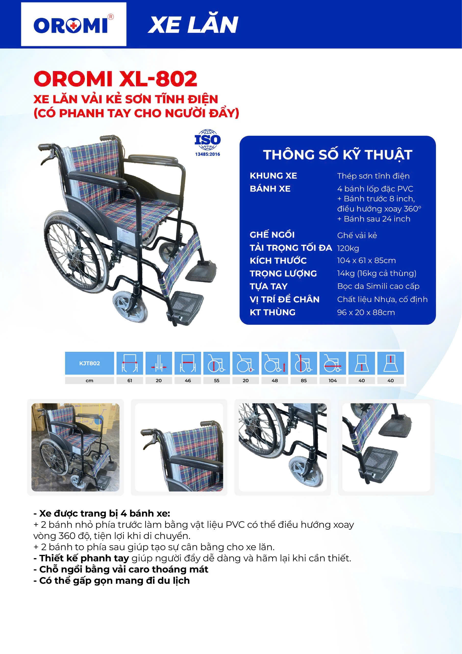 Xe lăn vải kẻ sơn tĩnh điện Oromi XL-802