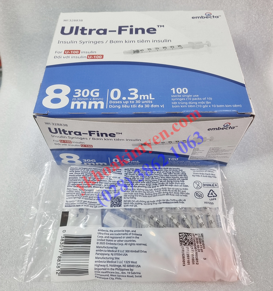 Bơm kim tiêm insulin Ultra-Fine™ 0.3ml 30GA 8mm (Hộp 10 túi x 10 cái) Bơm kim tiêm insulin Ultra-Fine™ 0.3ml 30GA 8mm (Hộp 10 túi x 10 cái)