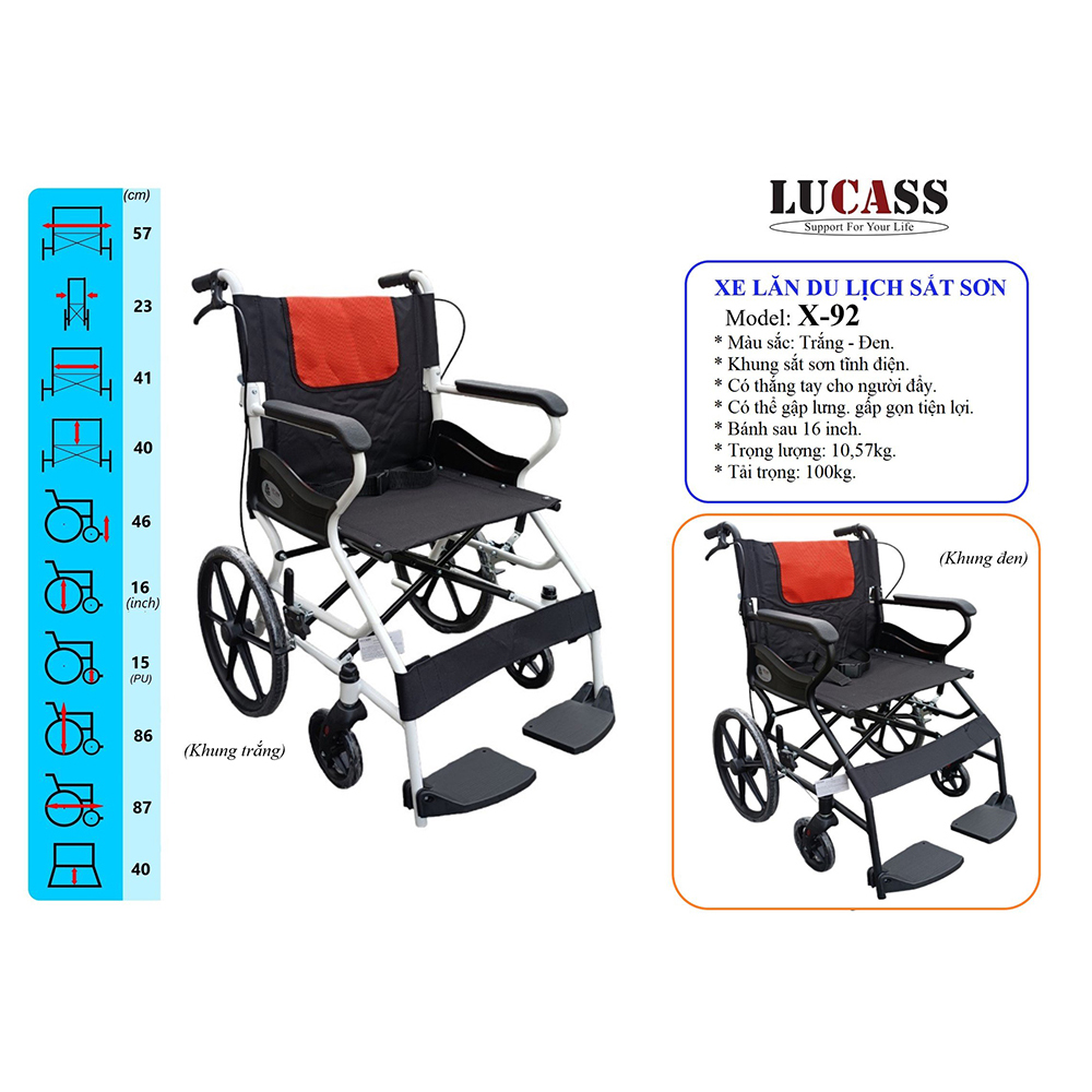 Xe lăn du lich sắt sơn Lucass X-92 khung trắng