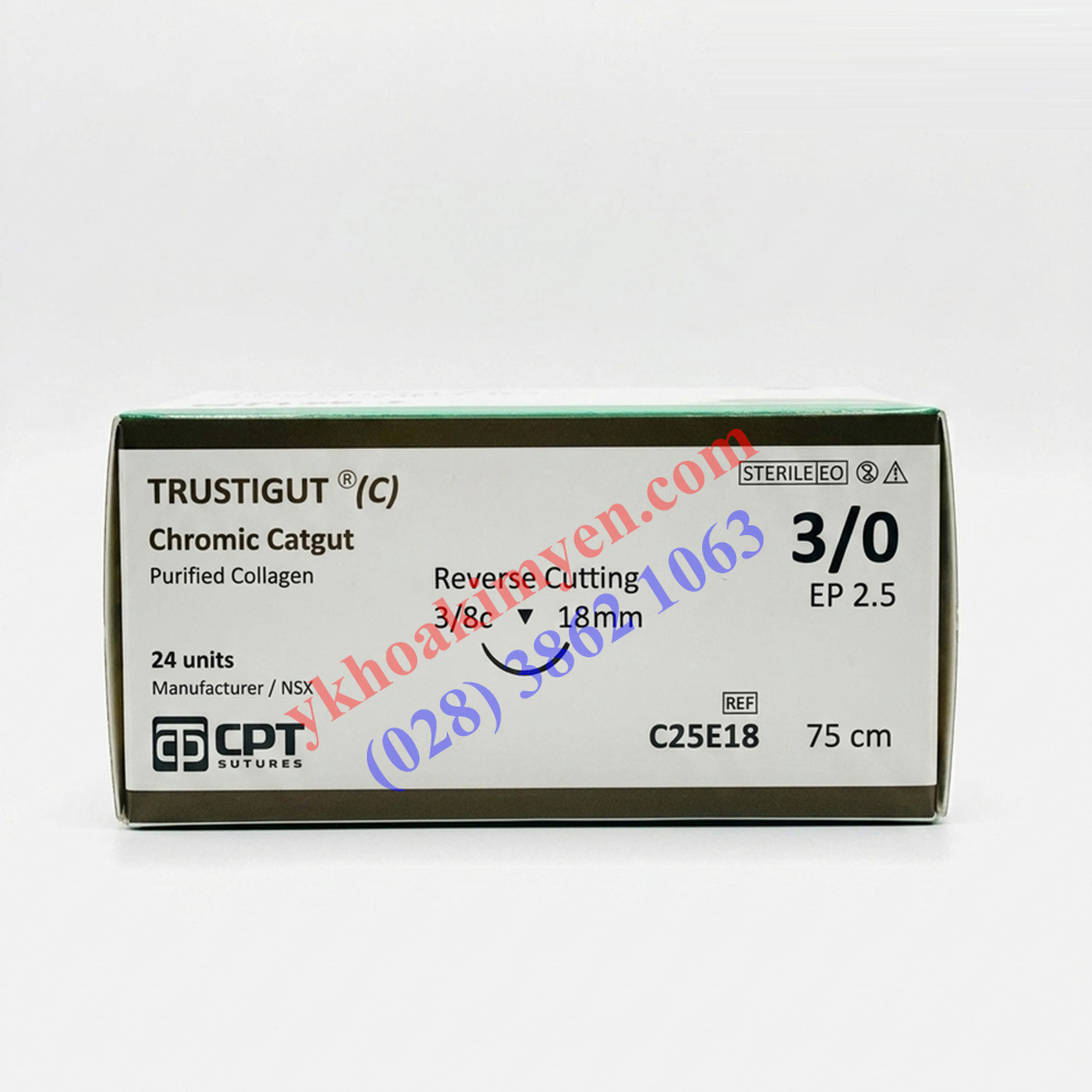 Chỉ Trustigut Chromic Catgut số 3/0 kim tam giác C25E18 (Hộp 24 tép) Chỉ Trustigut Chromic Catgut số 3/0 kim tam giác C25E18 (Hộp 24 tép)
