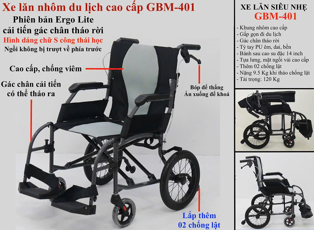Xe lăn nhôm du lịch cao cấp GBM-401 (bánh nhỏ)