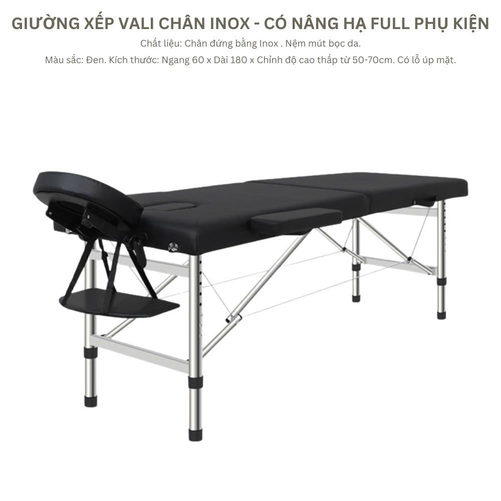 Giường massage vali gấp gọn Adora nâng hạ, phụ kiện