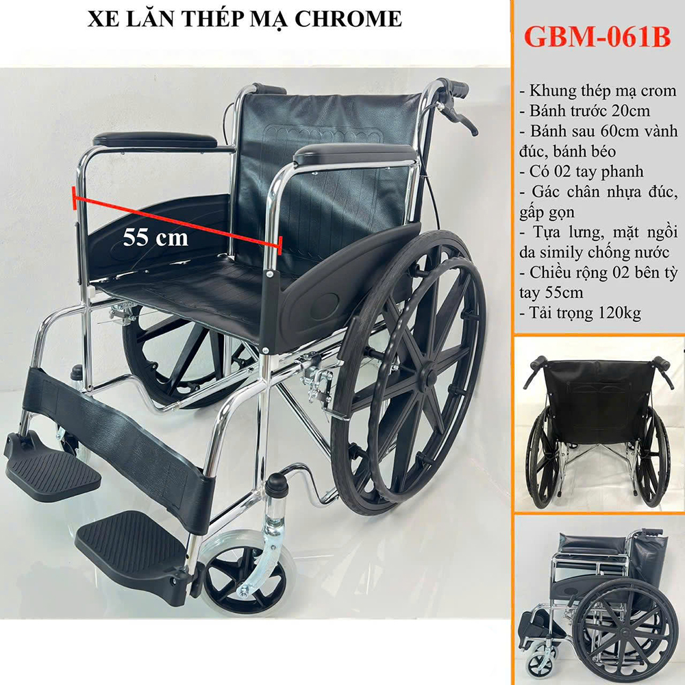 Xe lăn khung thép mạ Chrome GBM-061B bánh mâm