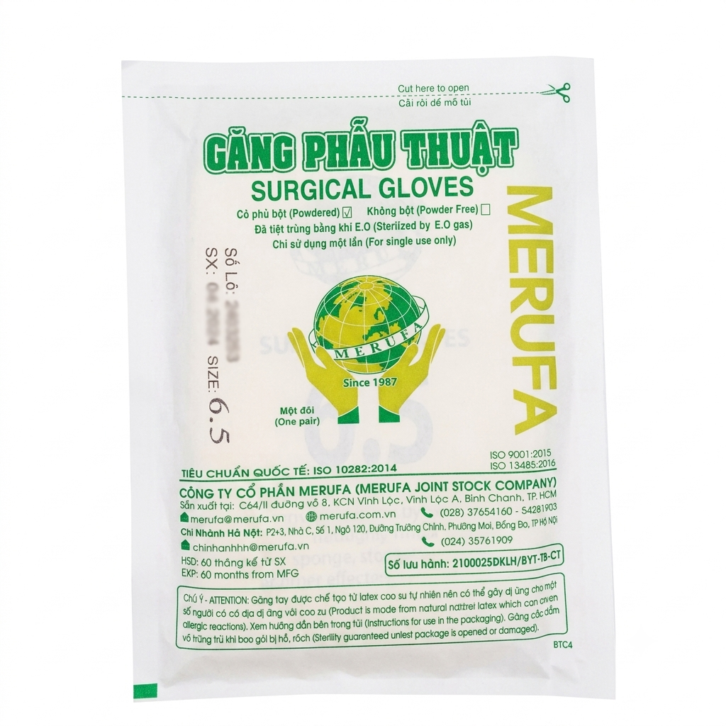 Găng phẫu thuật tiệt trùng Merufa size 6.5 (Hộp 50 đôi)