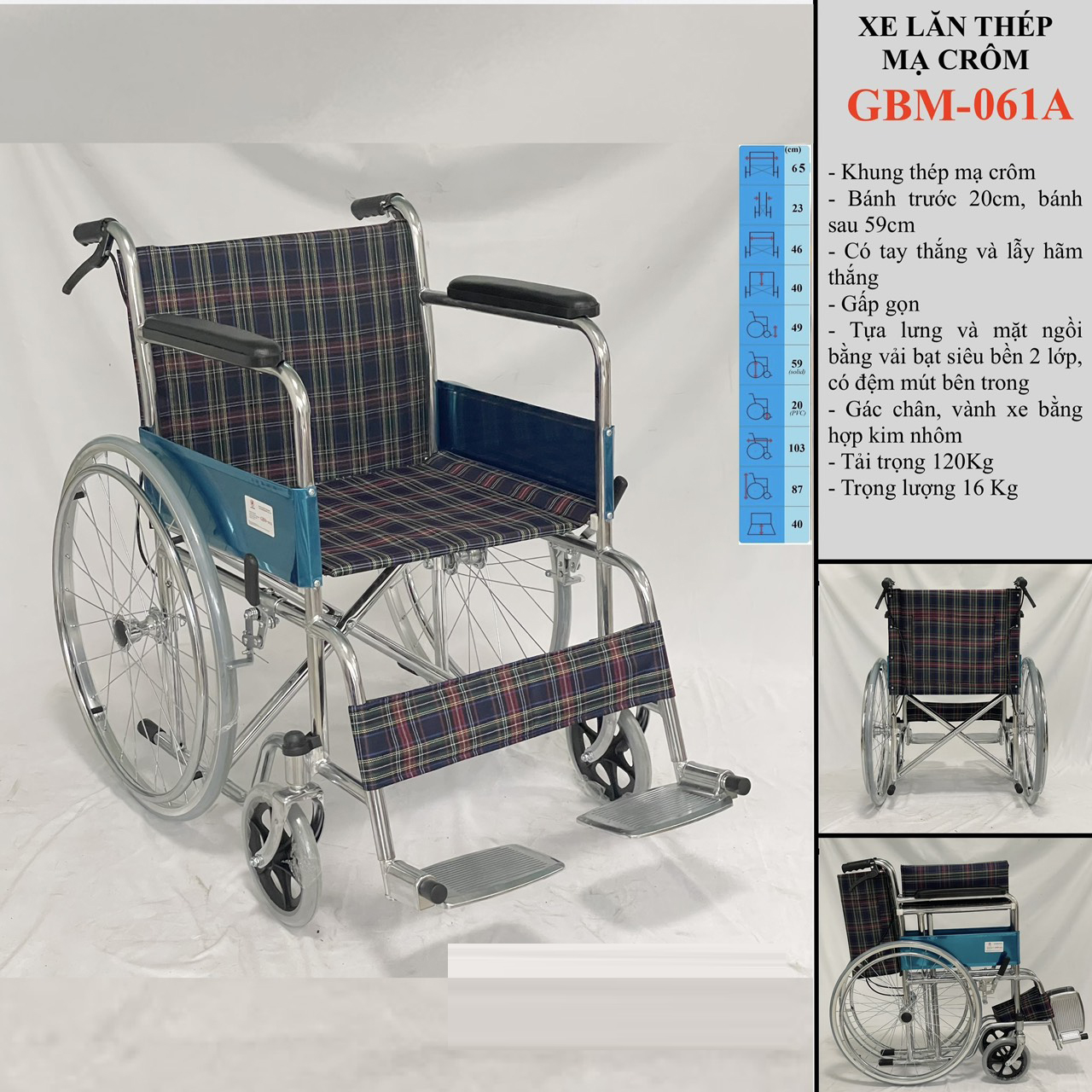 Xe lăn thép mạ crom có thắng GBM-061A