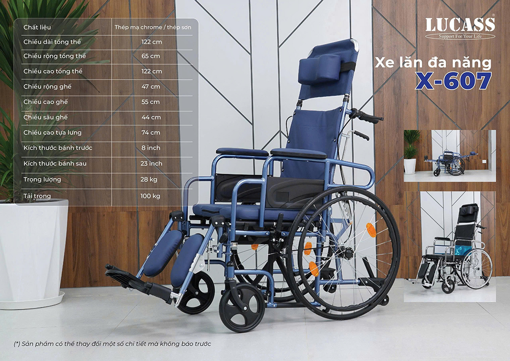 Xe lăn đa năng có thắng 2 chống lật Lucass X-607 màu xanh