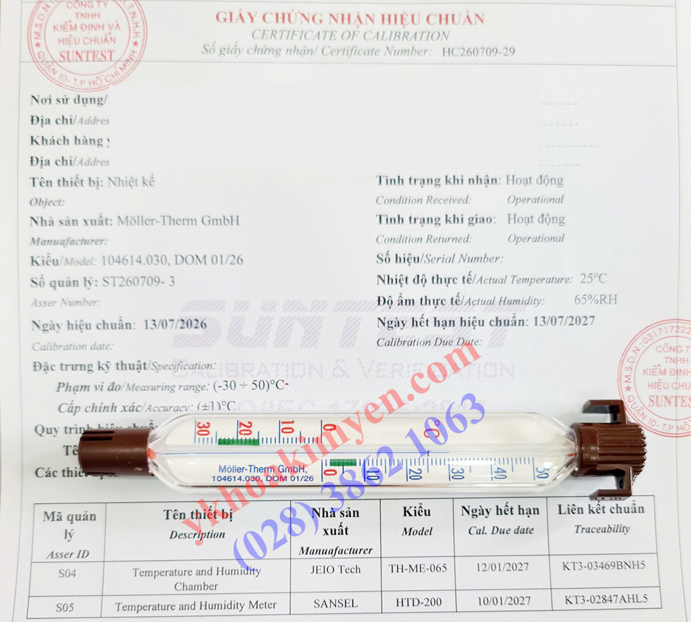 Nhiệt kế thủy ngân dùng trong bảo quản vắc xin (có hiệu chuẩn)
